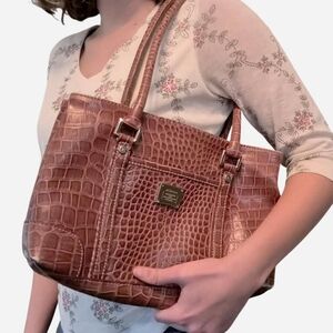 Liz Claiborne Croc-Embossed Brown Gold Hardwear Handbag Purse Classic 2000s